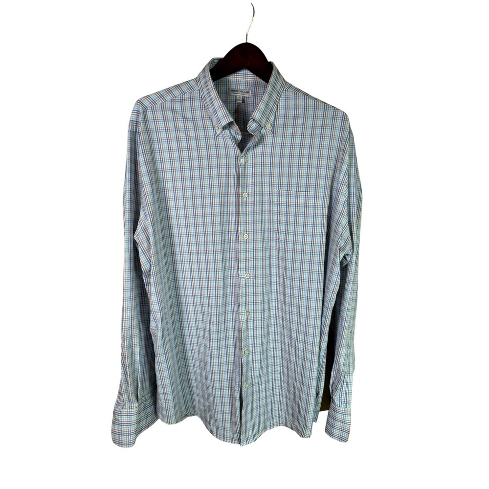 Peter Millar Summer Comfort Mens Shirt‎ XL  Blue Plaid Long Sleeve Button Up